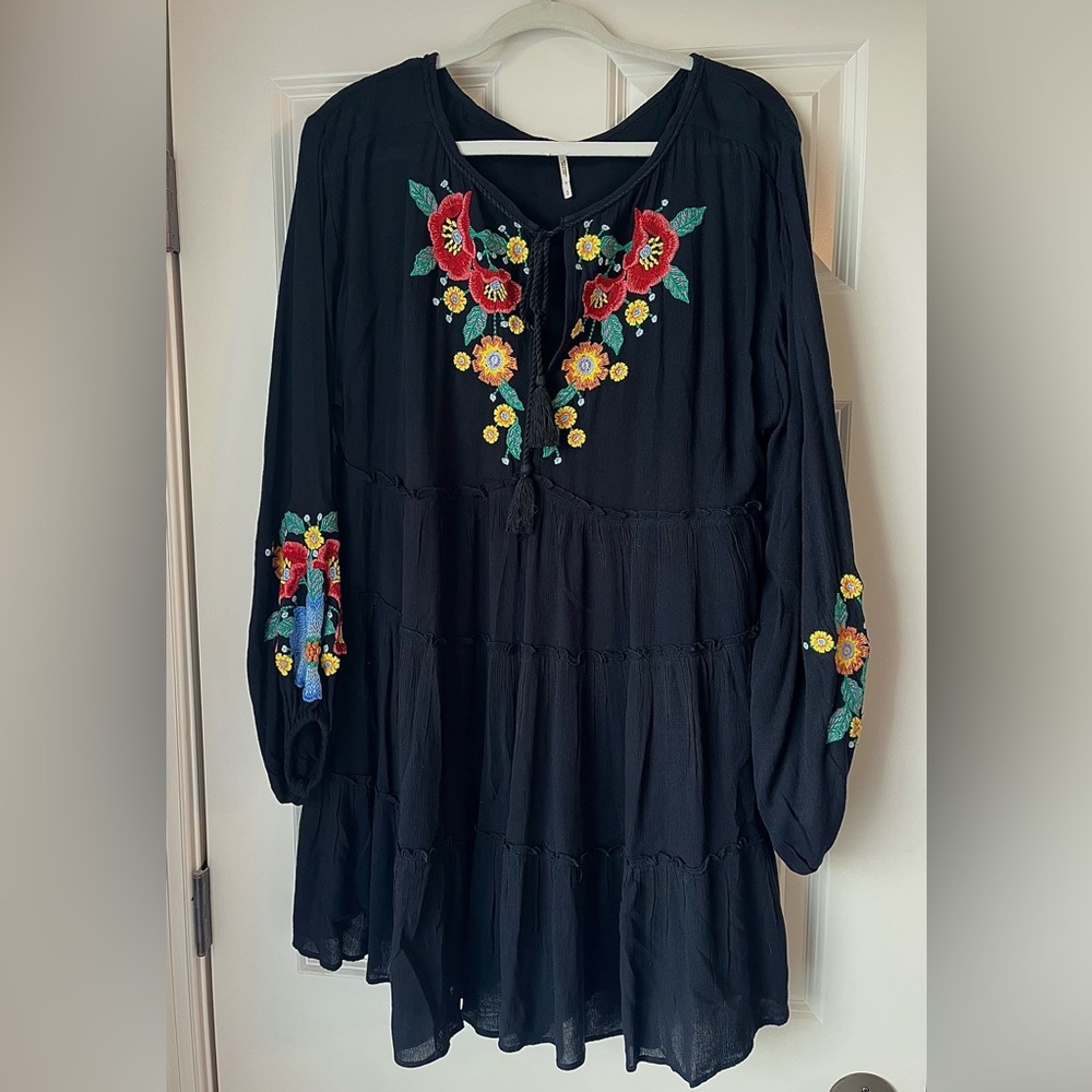 Free People Black Dress with Floral Embroidery